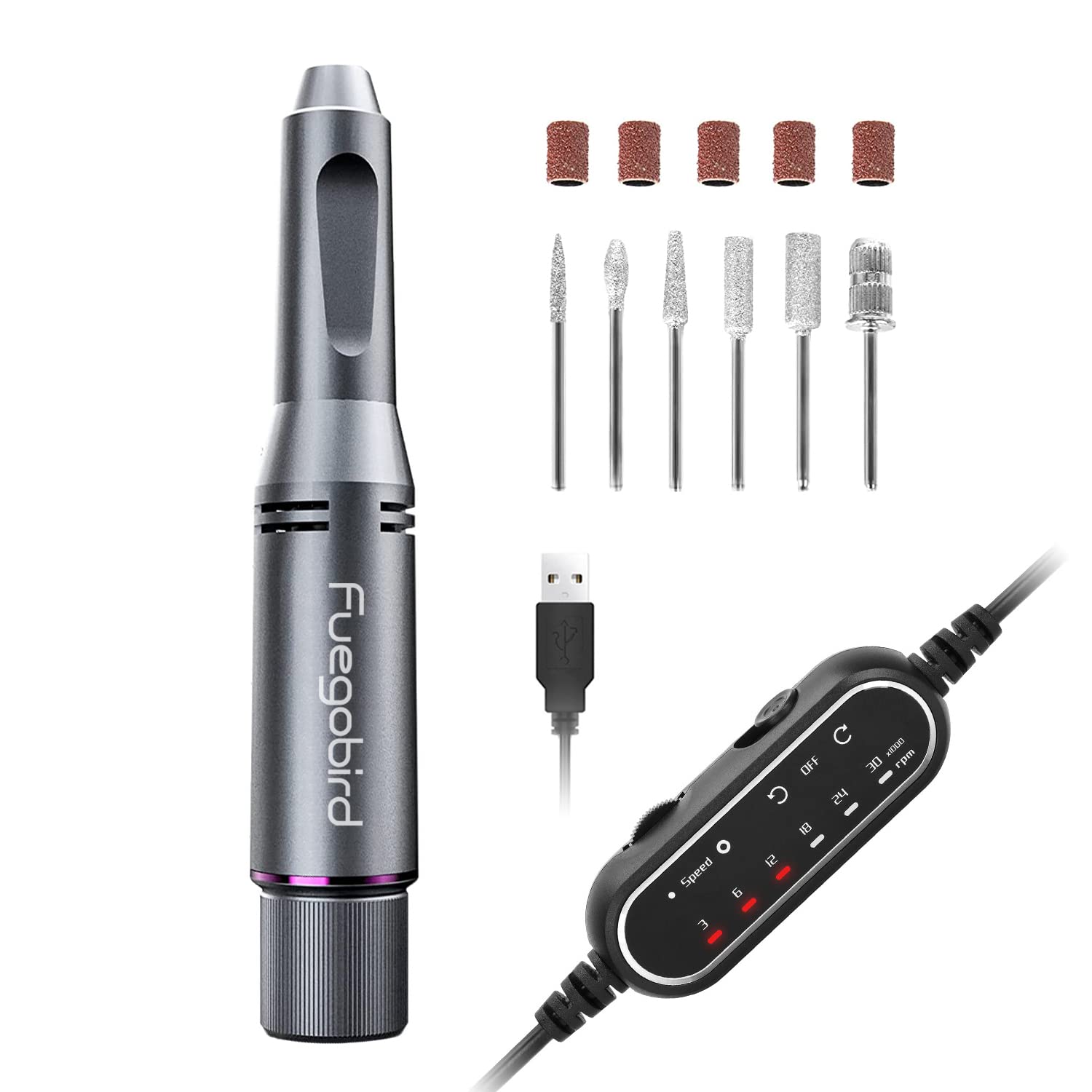 230816070219881_1 Fuegobird Electric Nail Drill Kit, Portable USB Nail File Tool for Acrylic Gel Nails, Professional Manicure Pedicure Efile Machine for Home and Salon, 30000 RPM with LCD Display Control - Image 1